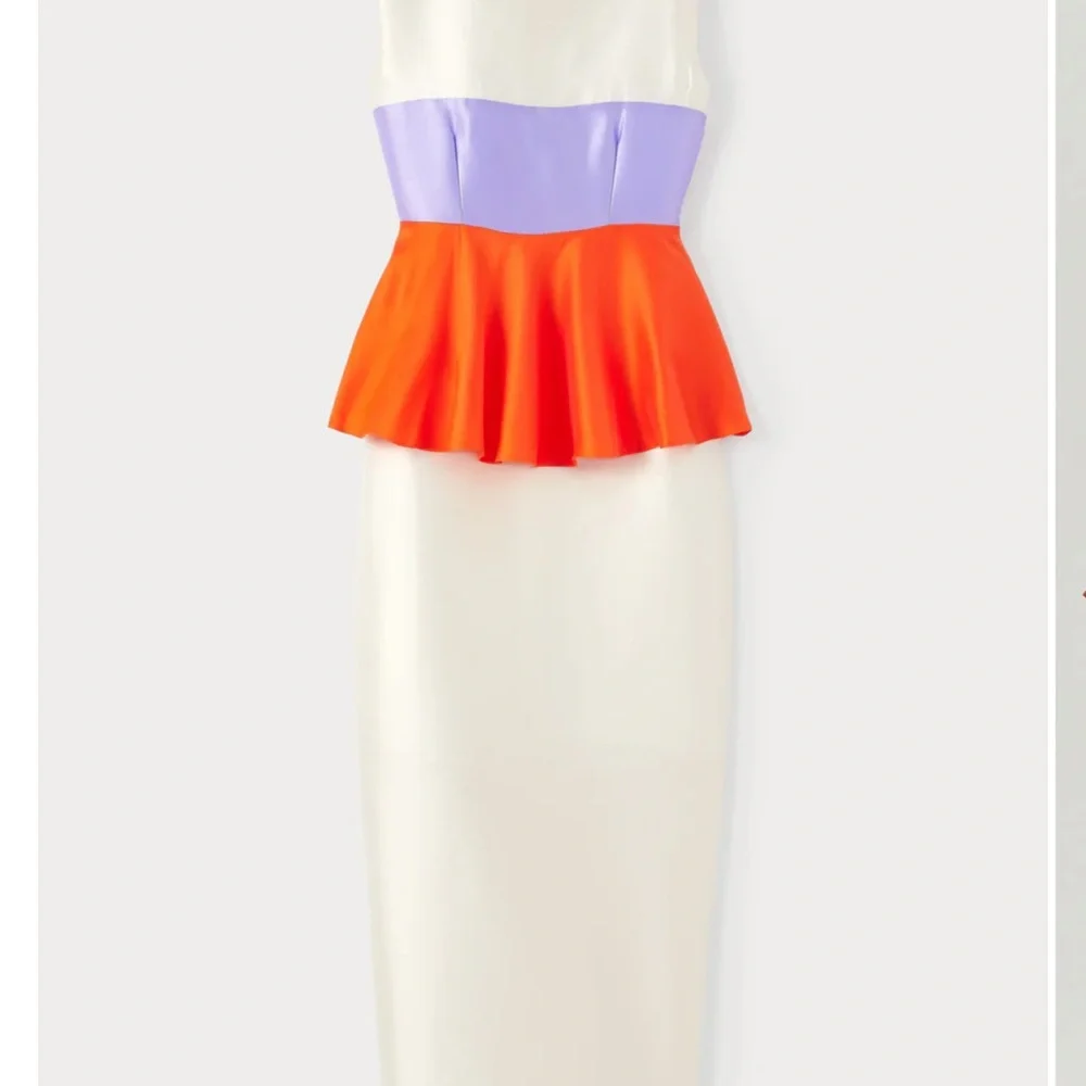 Destree Cream and Orange Peplum Ruffled Midi Cocktail Dress. Style name: Cy - Picture 3 of 6
